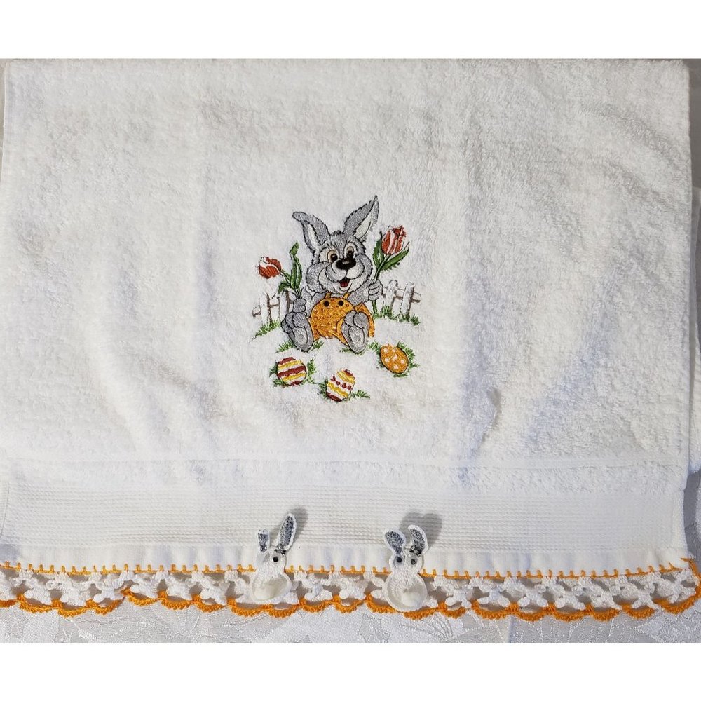 Embroidered Crochet Knit Easter Eggs and Bunny Towel decoration